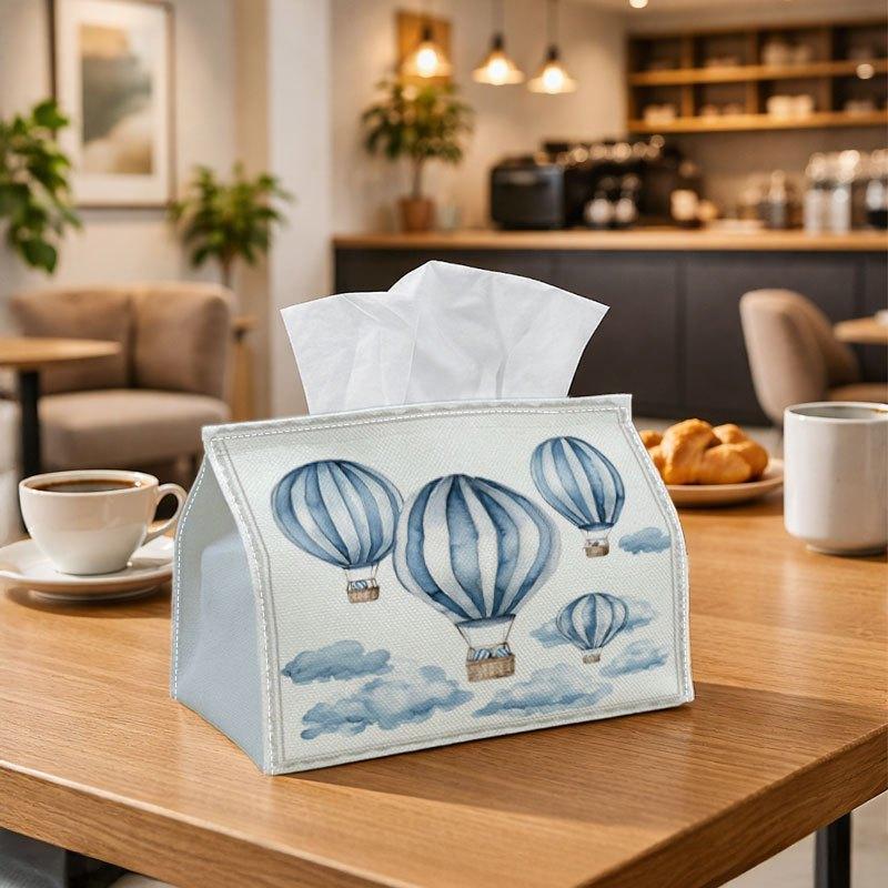 1pc Classic Hot Air Balloon Art Tissue Box Holder | Watercolor Blue And White Traditional Soft Fabric Organizer with Fine Stitching And Compact Lid, W