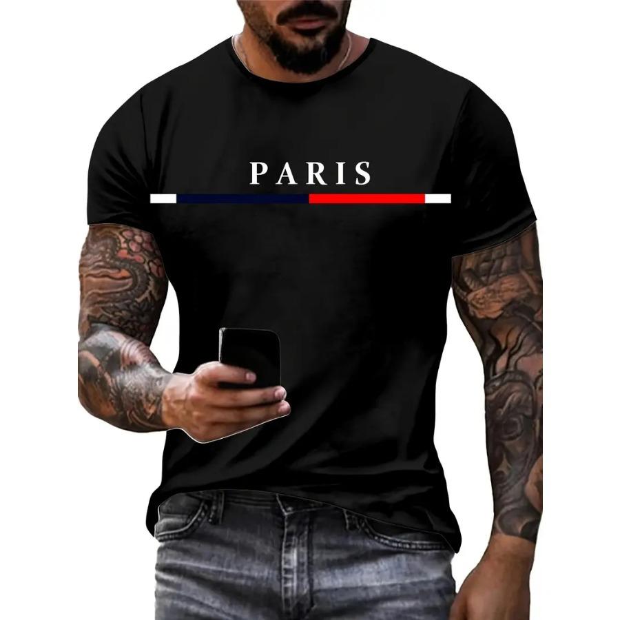 Vibrant Gradient Color Paris Graphic Print T-Shirt - Short Sleeve Crew Neck Tee Casual Breathable Comfortable Summer Outdoor Mens Clothing