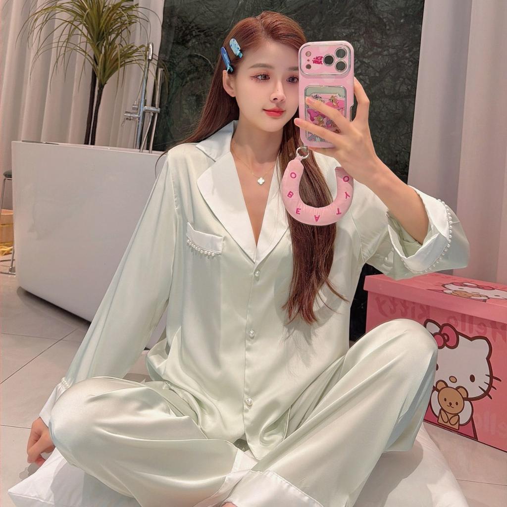 Spring and summer thin ice silk pajamas women's long-sleeved trousers sweet girl age-reducing pearl silk loungewear explosion