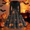Women Casual Halloween Print V Neck Vintage Dress Long Sleeve Fit Flared Waist Tie Retro Style Swing Skirt Dress