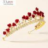 Luxury Gold Red Rose Rhinestone Bridal Tiaras Crown Vintage Baroque Crystal Diadem For Brides Headbands Wedding Hair Accessories