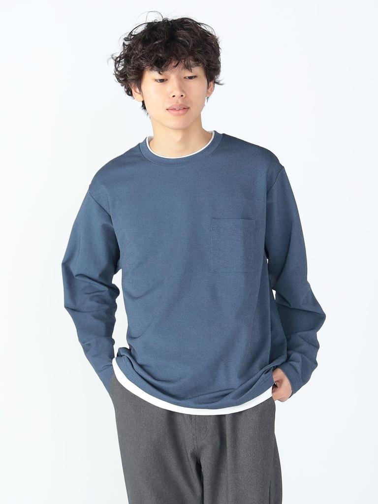 Beams Heart Men's Long Sleeve Tee, Pique Faux Layered Cut and Sew, Navy, Size M