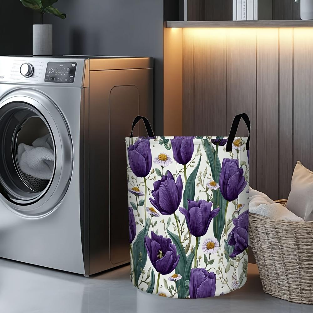 1pc of a Round, Purple Tulip-Patterned Foldable Laundry Basket, Ideal for Storing Clothes,, And Organizing Items. This Modern Storage Bin Is Perfect f