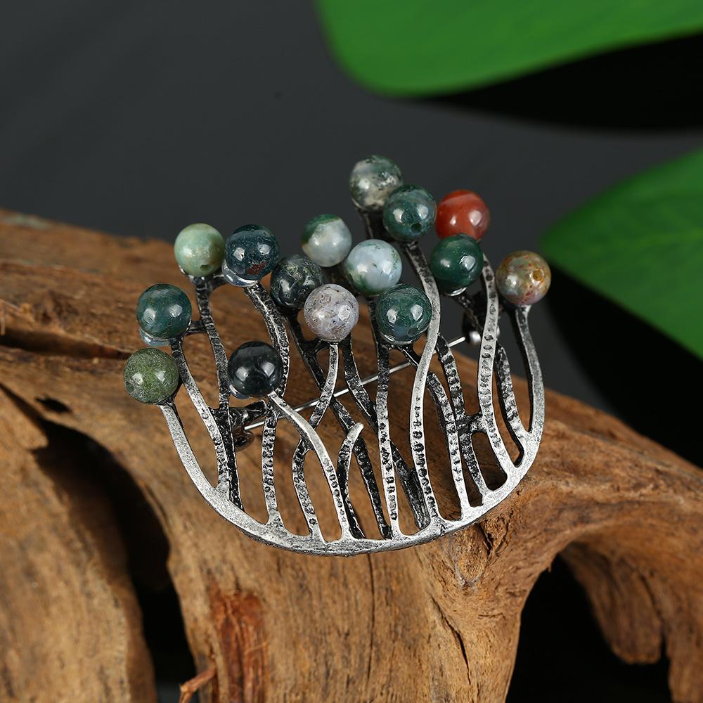 Retro Natural Agate Brooch High-end Classical Temperament Literary and Versatile Plant Pin Coat Cardigan Corsage Accessories