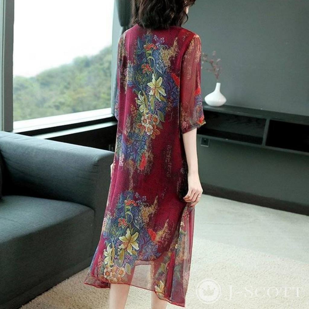 Шифоновое платье для цветка круглой асимметричной узорчатой верхней части свободное тонкое шелковистое с принтом по всей поверхности корейского вокруг прозрачной подкладки для женщин, А-силуэт, принт,