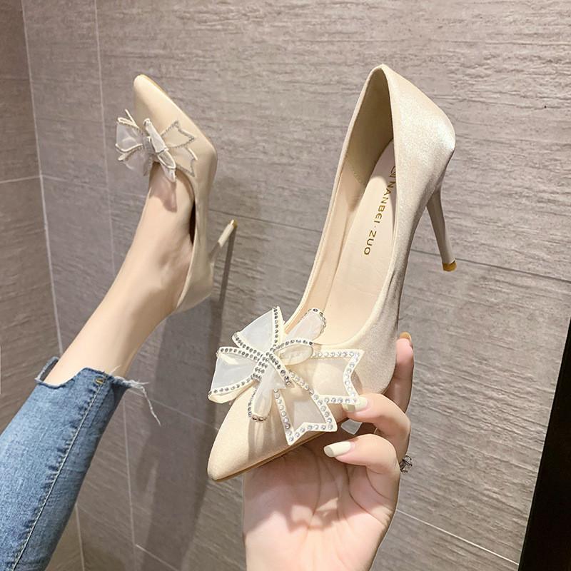 High Heel Shoes For Women With Butterfly Bow Water Dots Leathercombination For Daily Wear