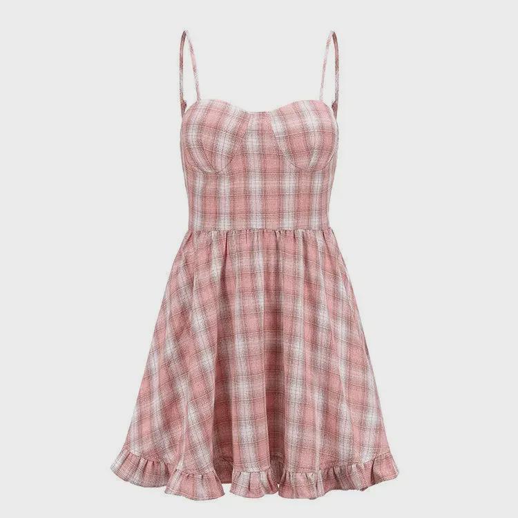 Sweet Pink Plaid Suspender Dress - Fresh Korean Style for Summer