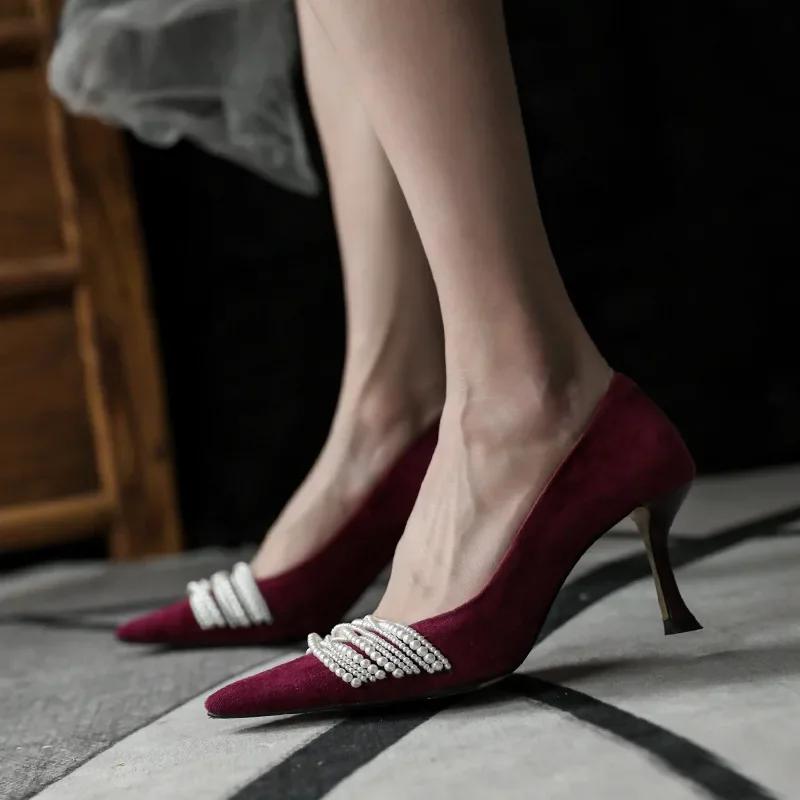 2024 Women' High Heel Shoes New Beaded Pointed Toe Sandals Women's Stiletto Shoes Ins Shallow Mouth Temperament Wedding Shoes