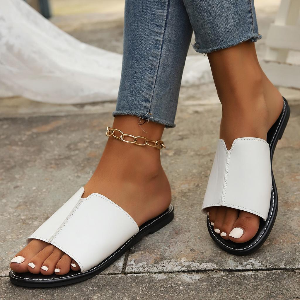 Домашние и уличные повседневные тапочки на плоской подошве для женщин, новинка 2024 года, однотонные минималистичные пляжные тапочки с открытым носком, летние однотонные сандалии