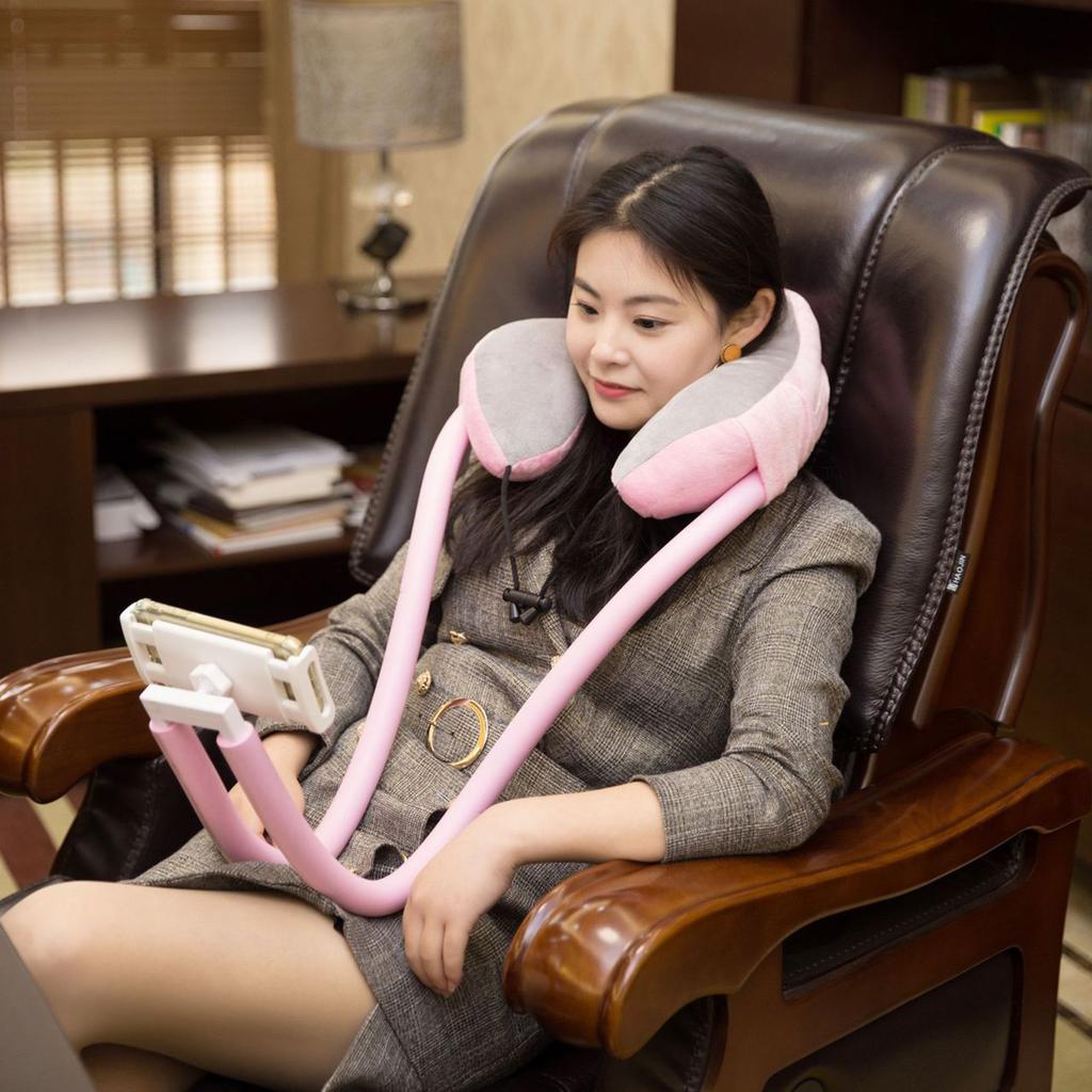 Neck Pillow Phone Holder U Shaped Pillow with Lazy Phone Bracket for Travel Office Light Pink Free Size