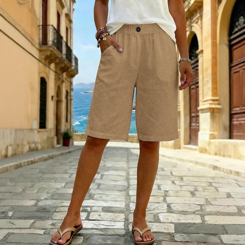 Women's Fashionable Color Elastic Waist Pocket Casual Loose Cotton And Linen  Five Quarter Shorts