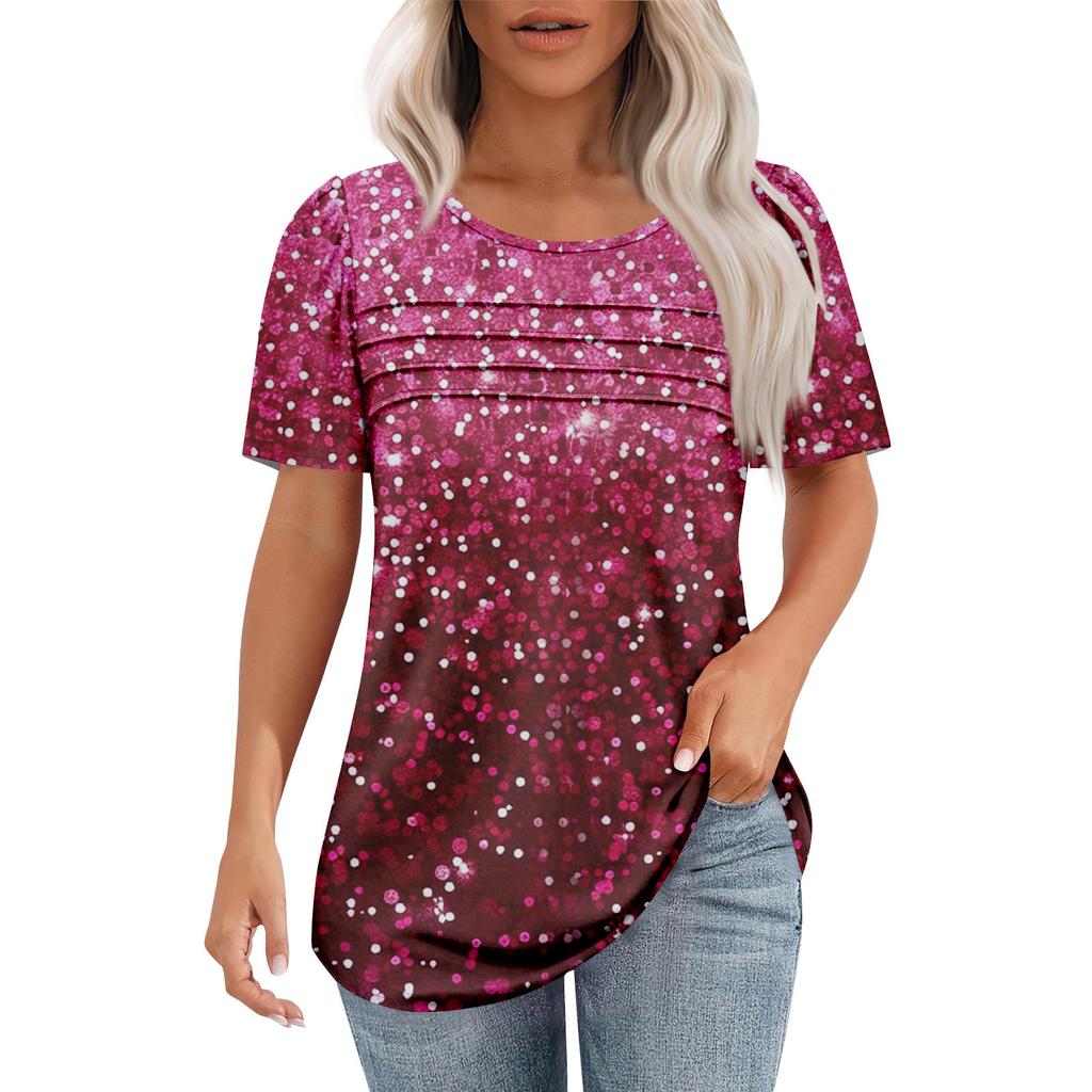 Женская модная рубашка с круглым вырезом и короткими рукавами в складку