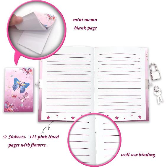 Butterfly Girls Diary with Lock, Set of Diary for Girls Incl. Kids Journal with Lock & Pen (6-Multicolor) Memo Ruler Sharpener Eraser Pink Girls