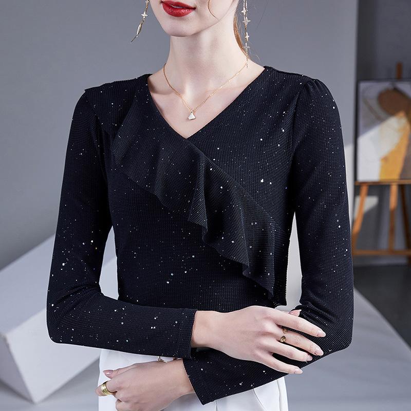 Футболка с короткими рукавами и V-образным вырезом, оборками, женская летняя, облегающая, однотонная, из высокоэластичной сетки, топы Blusas