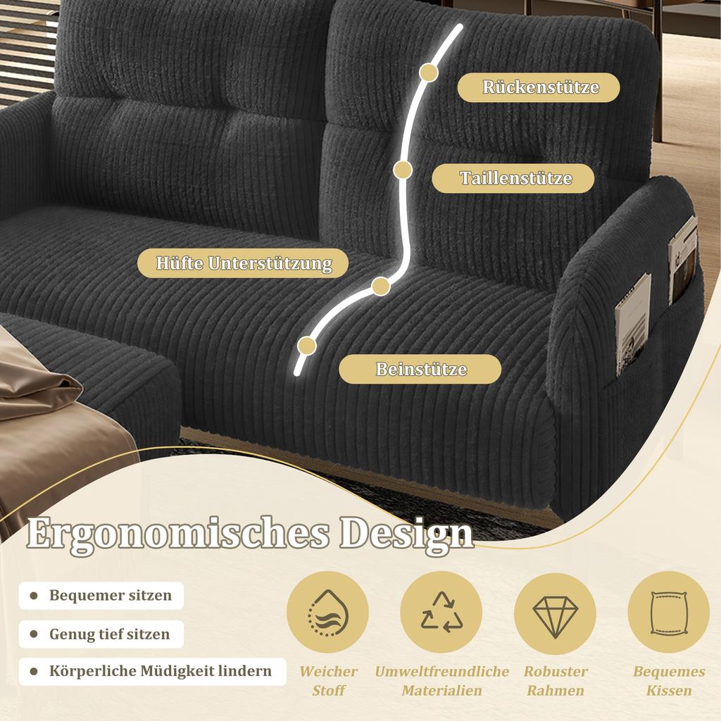 Corduroy 3-Piece Set Armchair + Stool + 2-Seater Sofa with Side Pocket Steel Frame & Backrest Deep Seat Modularly for Living Room, Grey