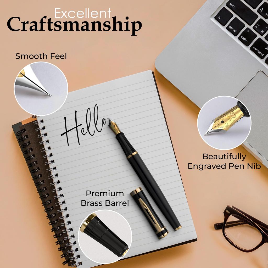 Wordsworth Black Fountain Pen 18K Glided Broad Includes 24 Pack Ink Ink Refill Converter Gift Gold Perfect for Men Women & Set, Nib, Cartridges, &