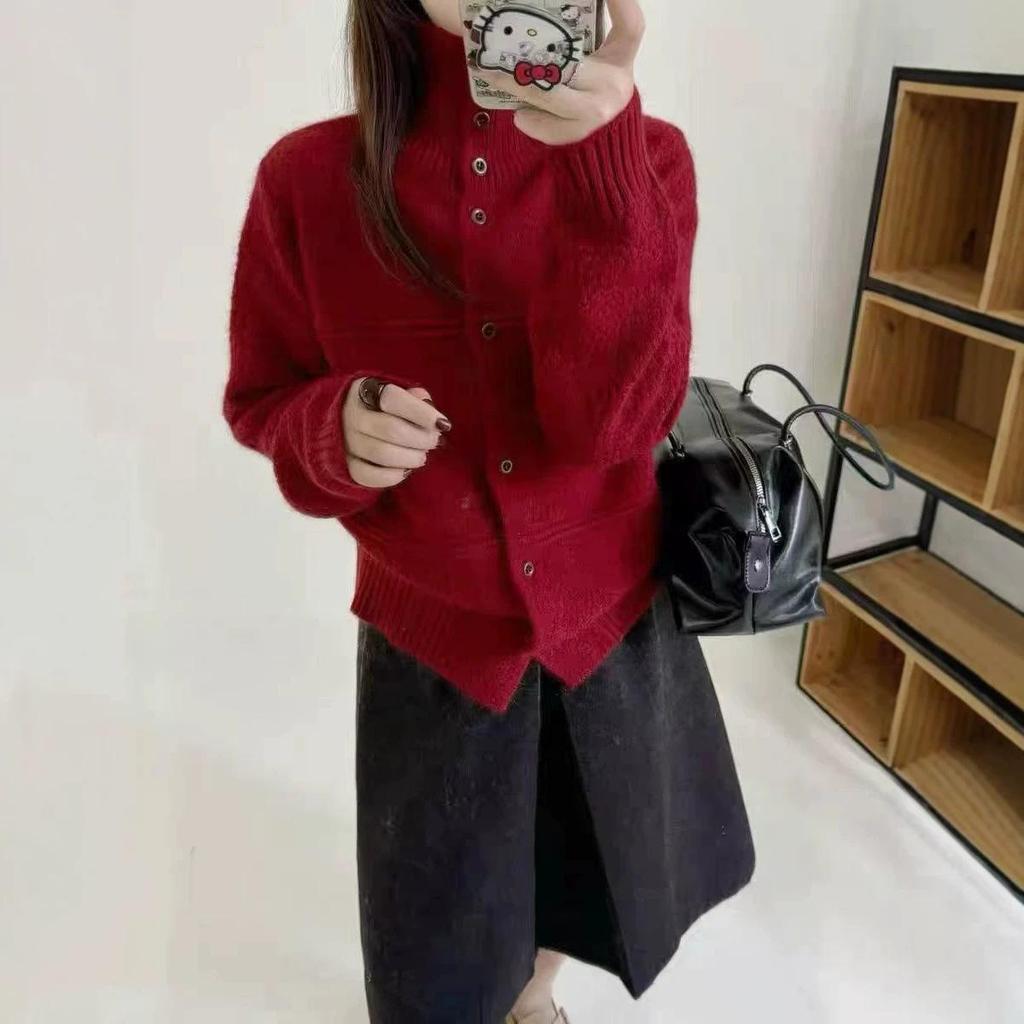 Women's High-Neck White Long-Sleeve Loose Knit Cardigan Sweater Top
