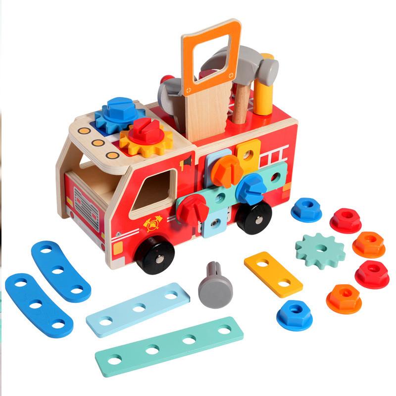 Educational Wooden Fire Engine Building Set For Childrens Cognitive Skills Development