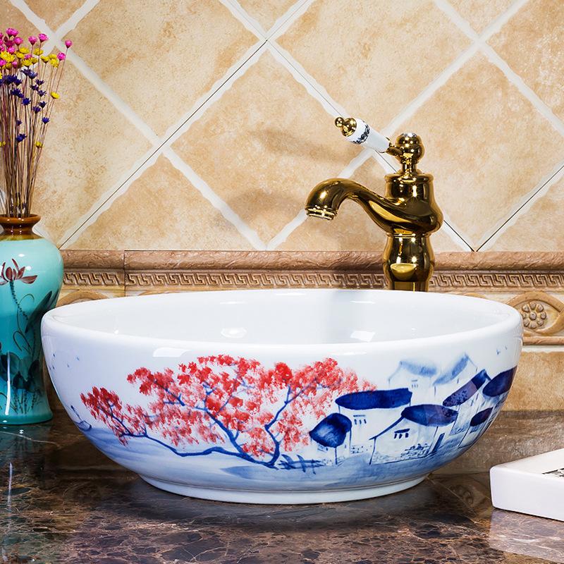 Bathroom Basin Sink Faucet Combo Ceramic Round Wash Basin Bathroom Washbasin Hand Painted Vessel Sink bathroom sinks