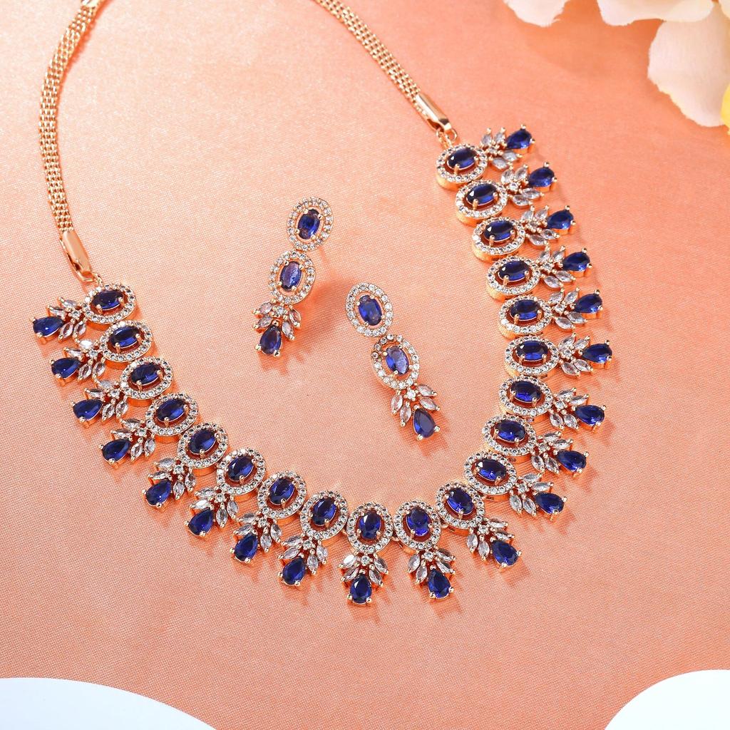 Estele Exquisite Women's Necklace Set with Rose Gold Plated, CZ and Blue Crystals