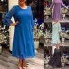Платье Миди Большого Размера для Женщин Офисное Повседневное Осень Весна Вечеринки А-силуэта Многослойный Подол Рукава Три Четверти Круглый Вырез Длина до Середины Икры