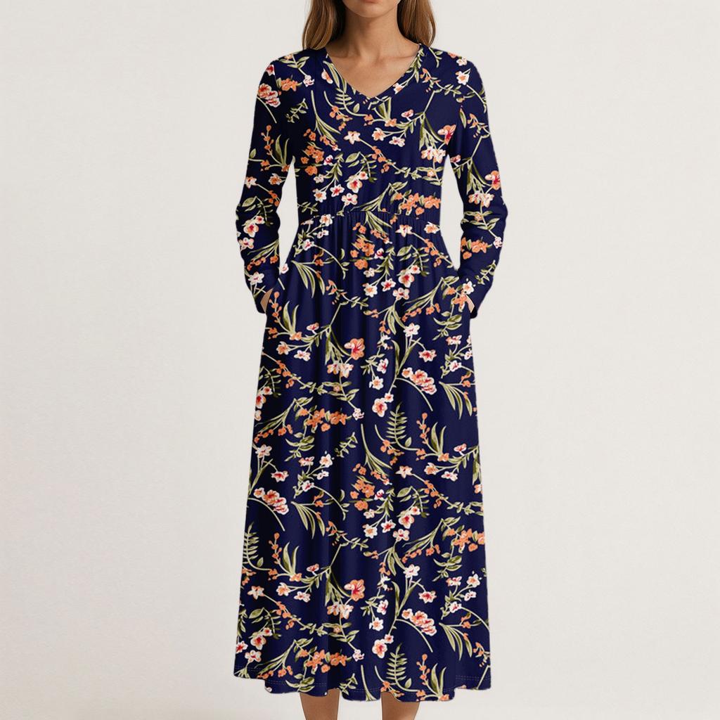 Dress For Women Long Boho Beach Dress Elegant Maxi Dress V-Neck Long Sleeve Dress With Pockets