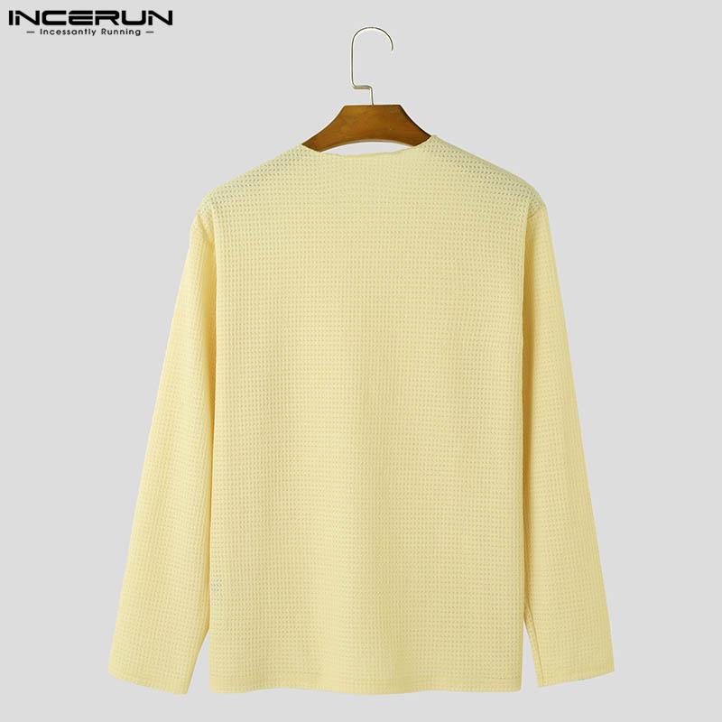 INCERUN Men Spring Long Sleeve Texture Tops Casual Loose Solid Pullovers