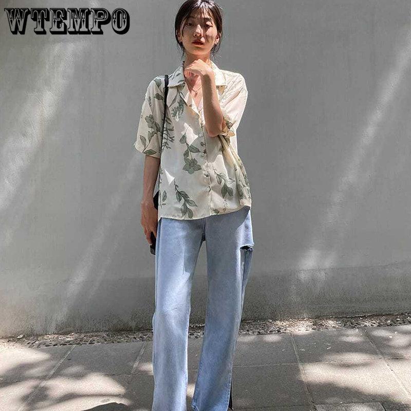 WTEMPO Уличная одежда Harajuku, винтажные шикарные футболки с короткими рукавами и принтом, женские повседневные свободные блузки с отложным воротником, летние рубашки