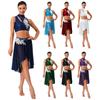 Womens Lyrical Dance Outfits Sleeveless Hollow Out Crop Top Irregular Mesh Hem Briefs Skirt Applique Dancewear Set
