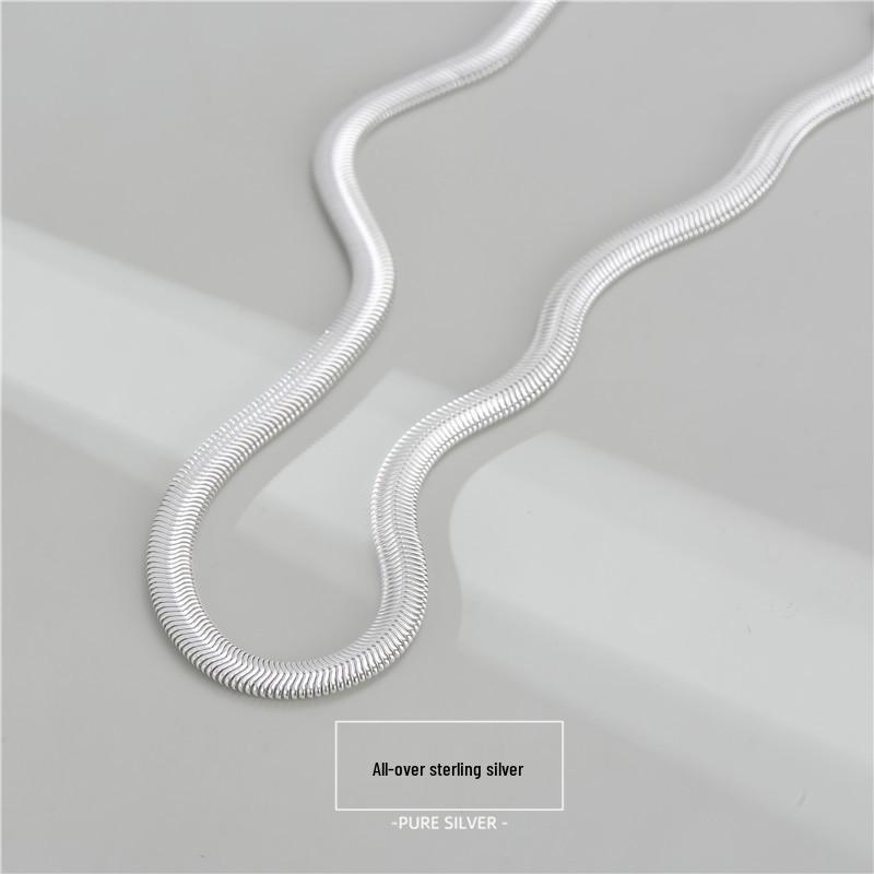S925 Sterling Silver Korean Fashion Textured Flat Snake Necklace Blogger Style Clavicle Chain