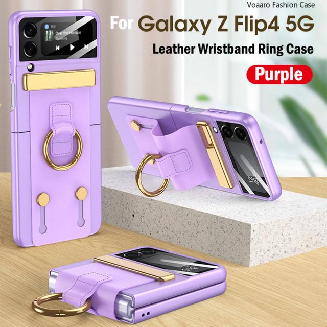 Funda For Samsung Galaxy Z Flip 4 5g Case Leather Wristband Ring Bracket Cover For Samsung Z Flip 4 Strap Case With Camera Film