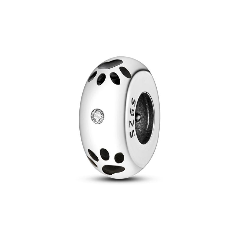 New S925 Silver Pink Heart Animal Paw Print Pendant Clear Zircon Fashion Beads Fit Original Charms Bracelet Women Jewelry