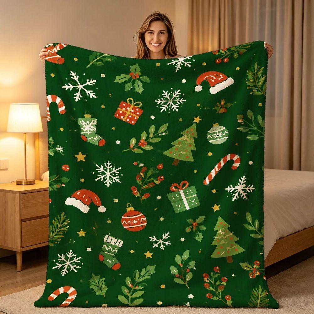 Festive Green Christmas Elements Scatter Throw Blanket Plush Couch Cover For Winter Holiday Season Home Decor Gift