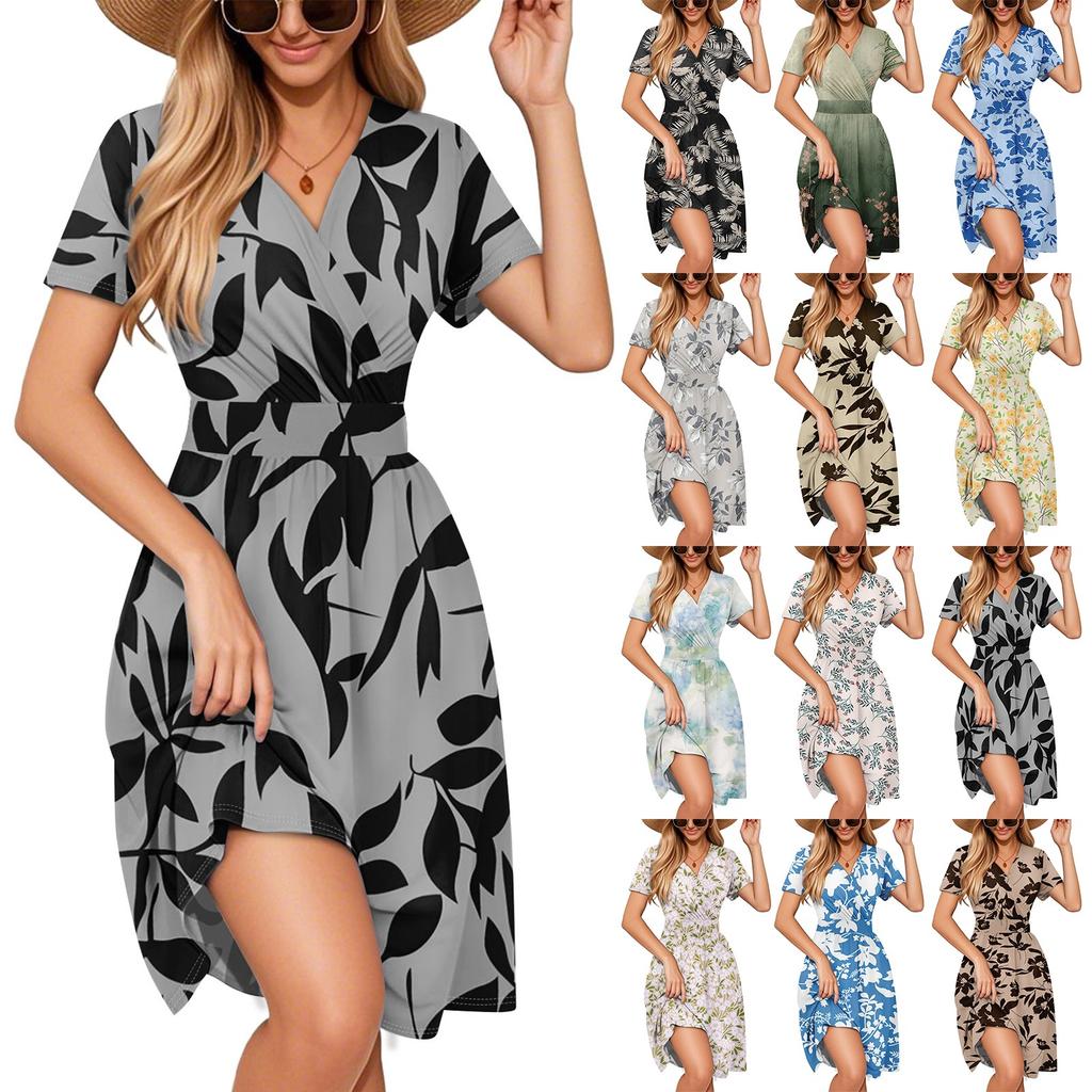 Элегантное и повседневное женское платье с красочным принтом, V-образным вырезом и короткими рукавами.