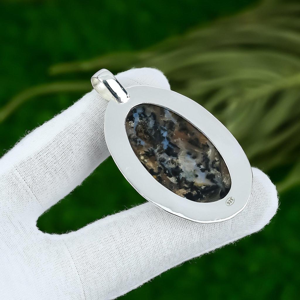 Oval Honey Dendrite Opal Stone Bezel Sister Art Deco Artisan Pendant 925 Silver