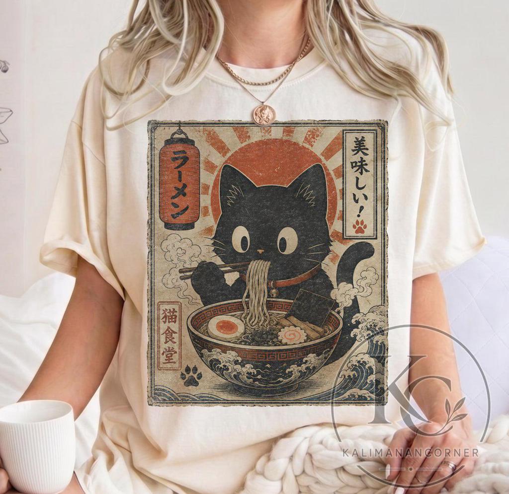 Japanese Black Cat Ramen T-Shirt, Vintage Anime Noodle Shirt, Cute Kawaii Cat Lover Tee, Aesthetic Retro Japanese Streetwear Graphic Top