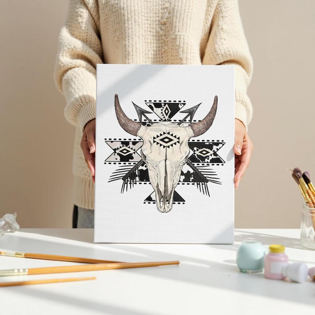 GTYNU Boho Aztec Western Cow Bull Skull Framed Canvas Wall Art Decor, Southwestern Wall Art Canvas Prints, Boho Bedroom Decor, Western Wall Decor for