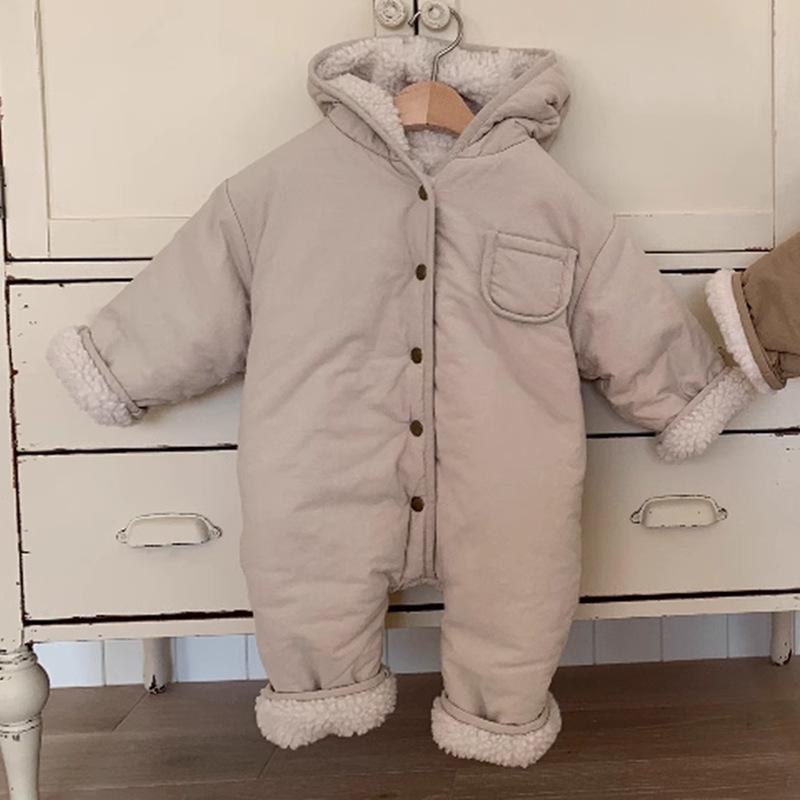 Korean Winter Hooded Lamb Fleece Jumpsuit for Boys & Girls - Thickened Casual Wear for Babies & Toddlers