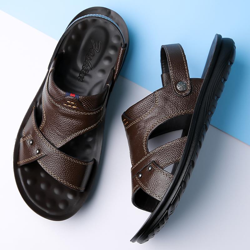 Men Black Leather Sandals Summer Brown Outdoor Hiking Sandals Outdoor Wide Head Beach Shoes for Father Over Sized