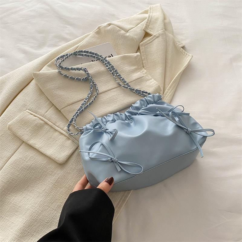 Trendy Ruched Faux Leather Bucket Bag for Women, Fashion Chain Shoulder Crossbody Hobo Purse, Casual Chic Handbag
