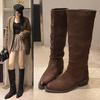 Осень 2025 новые ретро красотки ботинки-трубы плиссированные плоские ковбойские сапоги западного стиля женские на толстом каблуке сапоги-рыцари