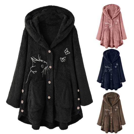 Women Winter Coat Thick Warm Thermal Long Sleeves Buttons Plush Butterflies Cozy Cat Pattern Winter Hoodie Coat for Outdoor