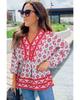 Red Geometric Print 3/4 Sleeve V-Neck Shirred Waist Flared Blouse