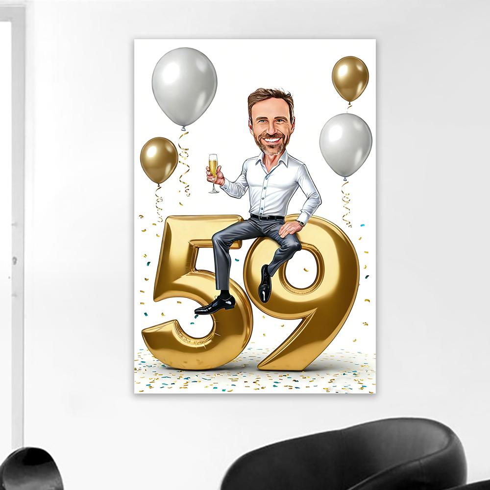 Personalized 50th Man Cartoon Portrait Poster Golden Number Caricature Prints Canvas Painting Birthday Funny Gift Wall Art Decor