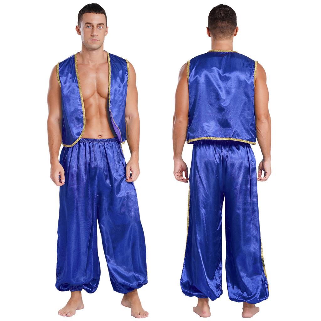 Мужской костюм арабского принца, атласный жилет с золотой отделкой и брюки на резинке, сказочный комплект для косплея