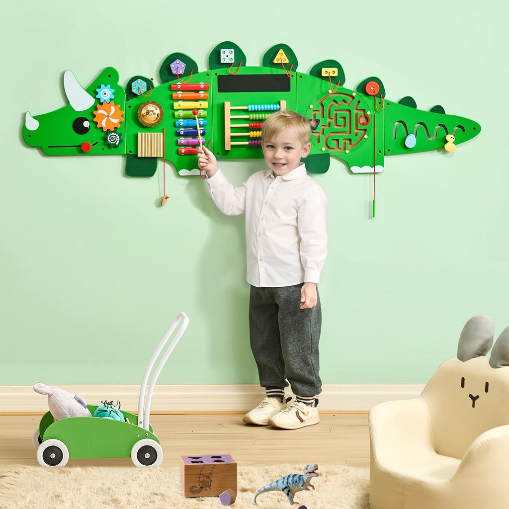 VEVOR Dinosaur Activity Wall Busy Board Panels, 11 Activities, Montessori Sensory Wall Toy for Kids 3-12 Years, Montessori Learning Activity Center