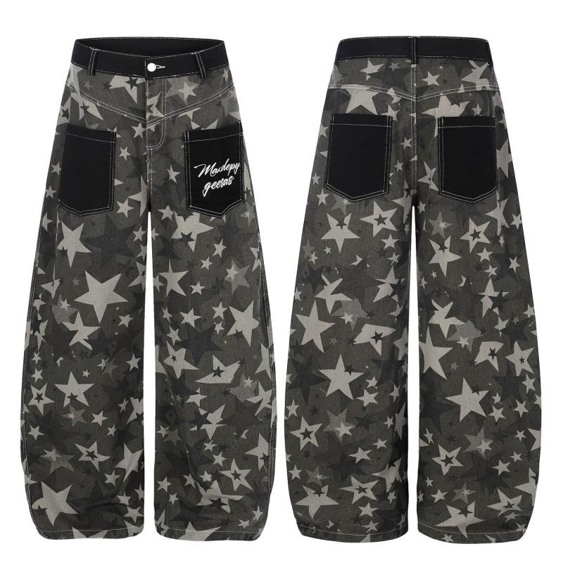 American Vintage Star Print Relaxed Fit Pants Couples Loose Slim Straight Leg Trousers