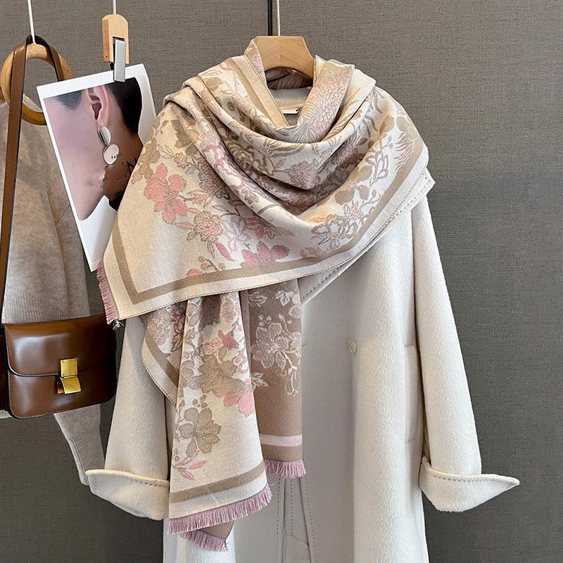Designer Winter Warm Cashmere Scarves Women Floral Print Thicken Pashmina Shawl Elegant Lady Wool Poncho Windproof Pareo