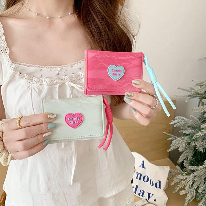 Women Lanyard Wallets Card Holder Tri-Fold Zipper Coin Purse Heart Clutch Bag Portable Girl Short Coin Pouch