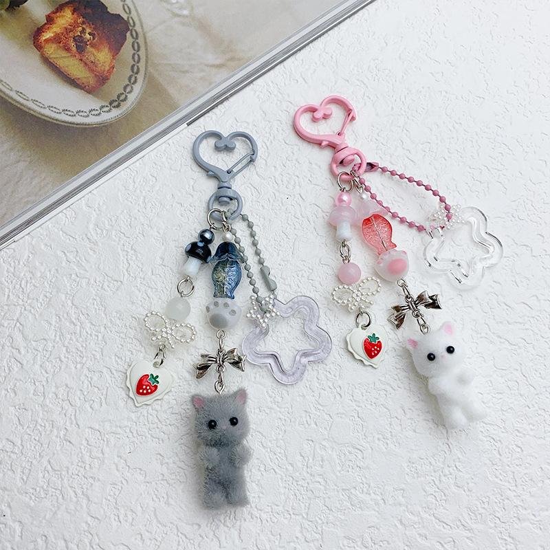 Cute Flocked Kitten Five-Pointed Star Cat Paw Love Keychain Mobile Phone Chain Anti-Lost Lanyard Pendant Earphone Camera Chain